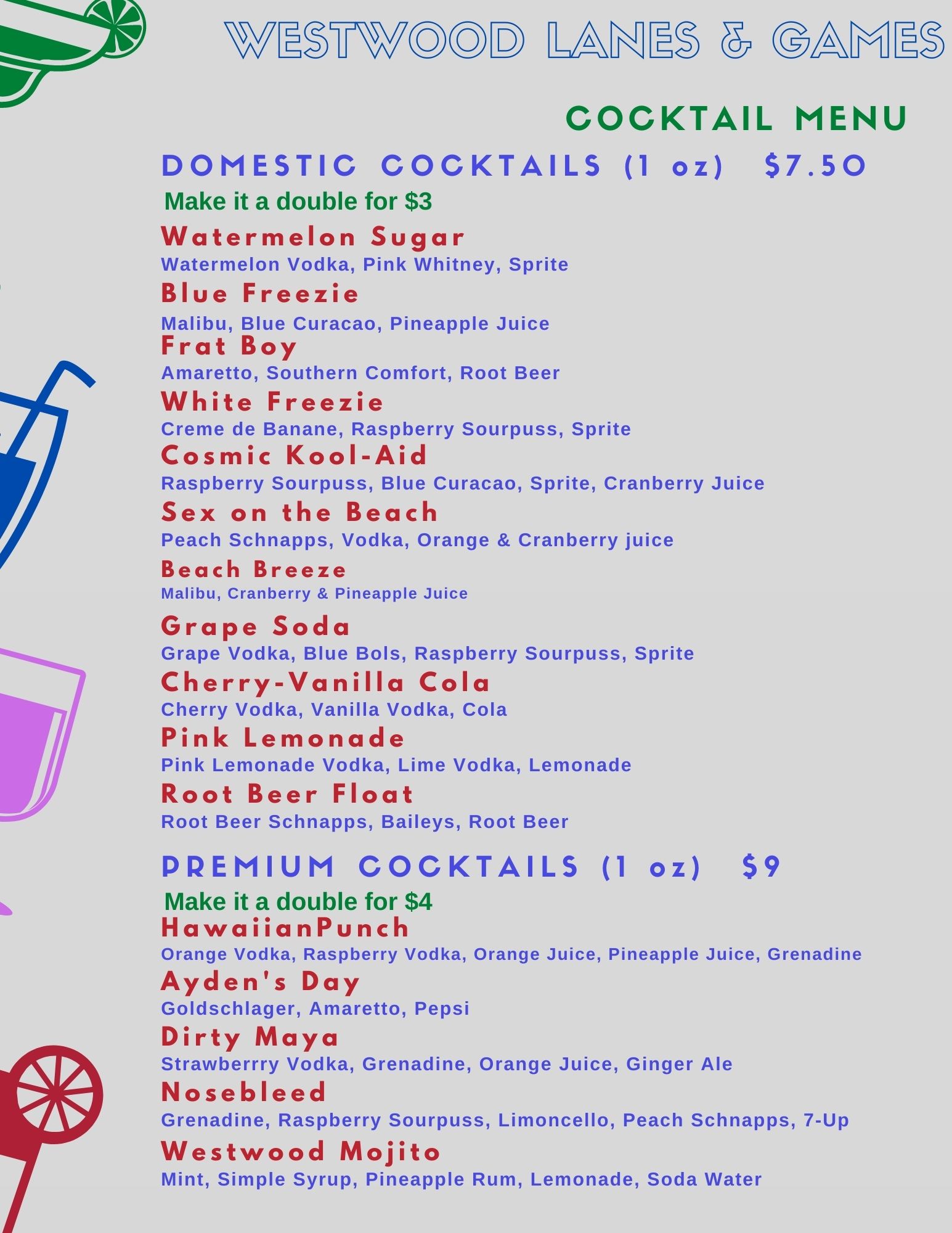 Menu Westwood Lanes